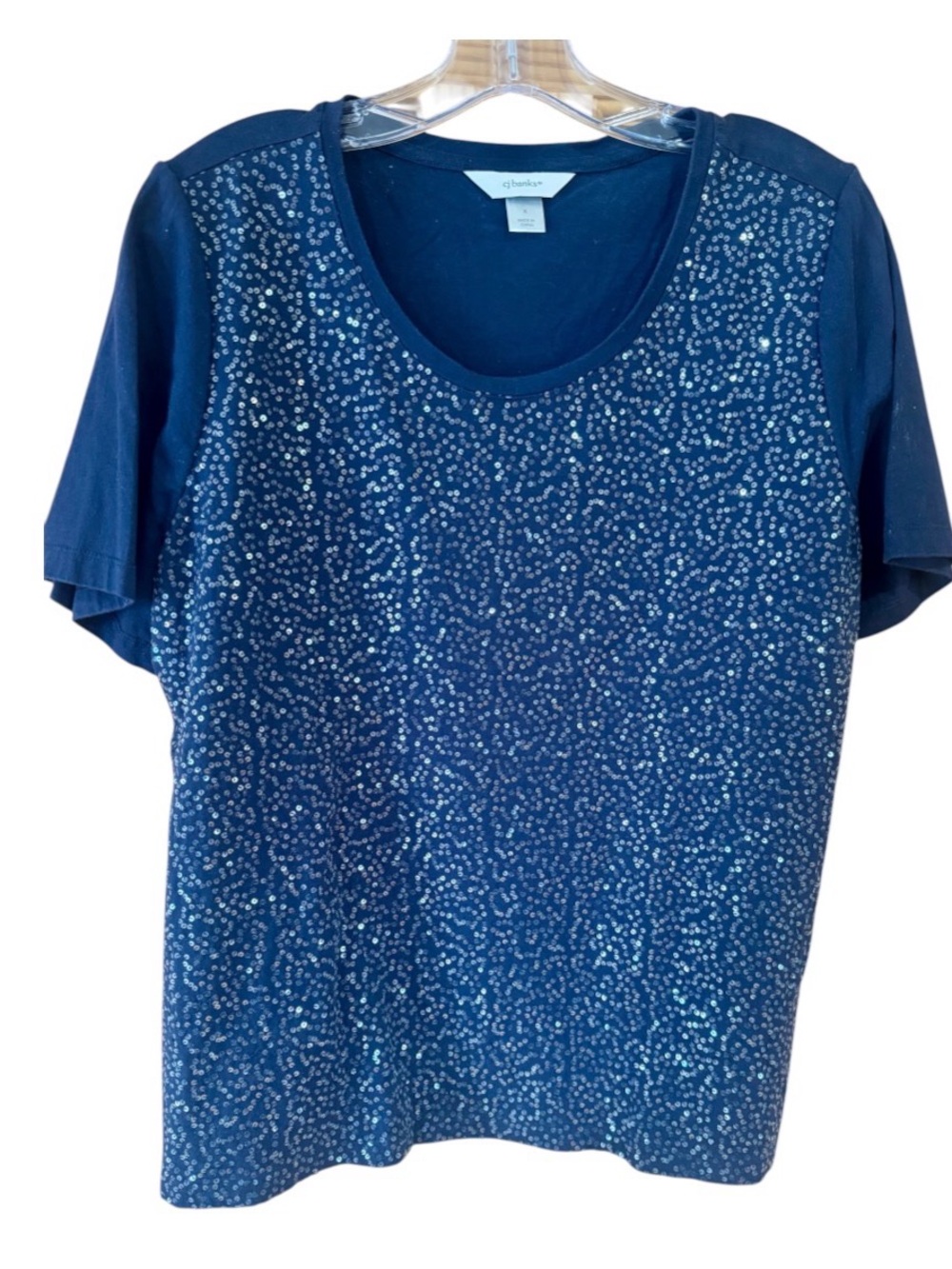 CJ Banks Navy Sequin Short-Sleeve Scoop Neck Top